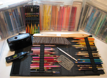 Photo of Sandy's colored pencils and drawing tools. 